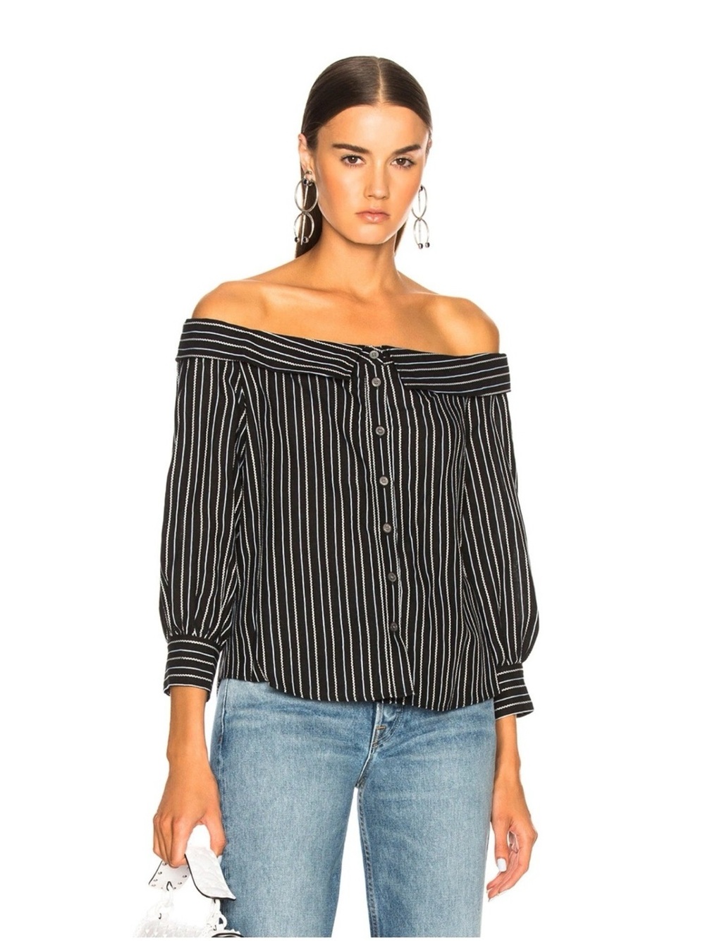 Veronica Beard Black & White Striped Off-Shoulder Blouse